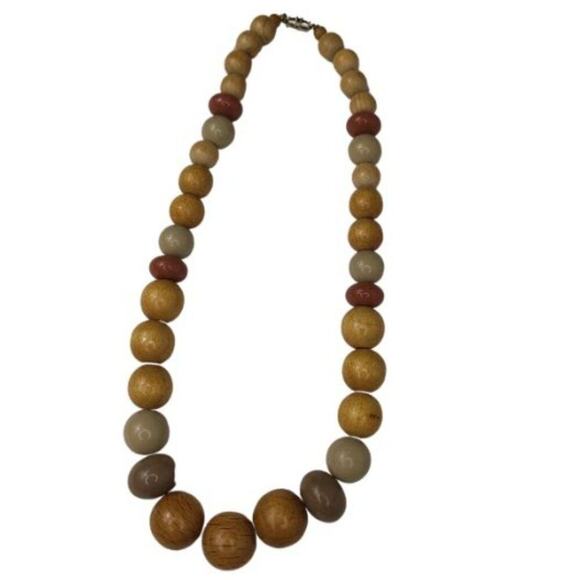 Vintage Graduated Wood Round Beads Plastic Oval Beads Green Brown Mixed Necklace - Picture 1 of 3